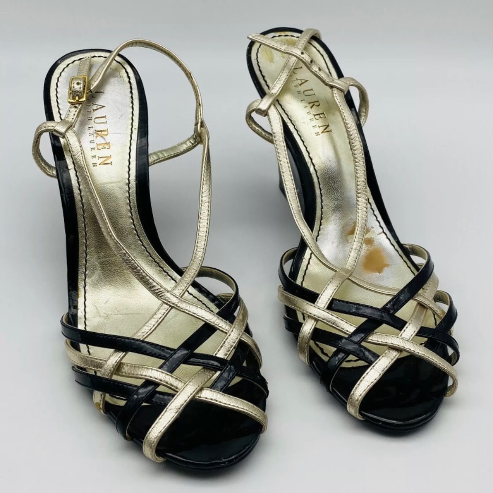 Ralph Lauren Berdy Black/Gold Metallic Strappy Patent Leather Wedge Heels 7 1/2